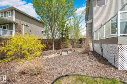 Landscaped backyard featuring a wooden fence, varied plantings, and a ground-level patio area - 