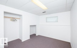 Carpeted room featuring a drop ceiling with fluorescent lighting, built-in open closet with shelving and hanging rod, and a wall cut-out - 
