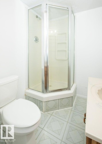 Corner shower enclosure with clear glass panels and chrome framing, a white toilet, and patterned floor tiles - 25023 Twp Rd 612, Rural Westlock County, AB 