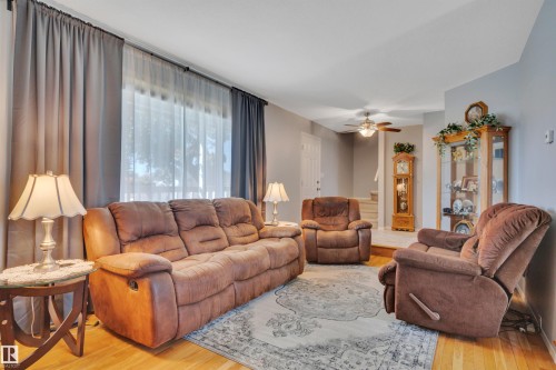 Living area featuring wood-finish flooring and light gray wall paint - 184 Garwood Cres, Wetaskiwin, AB - Indoor Photo Showing Living Room