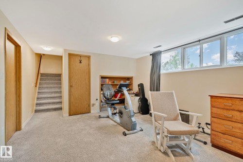 Carpeted lower level with recessed built-in shelving, natural wood doors, and multiple windows - 10715 33 Avenue, Edmonton, AB 