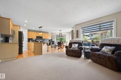 Open concept living space featuring neutral carpeting, a kitchen with wood-finish cabinetry, a breakfast bar, and wood-finish flooring - 