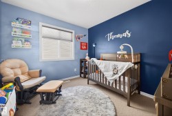 Interior room featuring a window with white louvered blinds, light blue and navy accent walls, wall-mounted shelving, and neutral carpet flooring - 