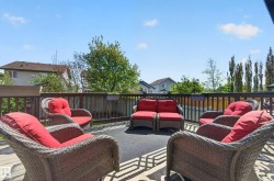 Expansive wood-finish deck with a wood railing, bordered by mature trees and residential structures - 