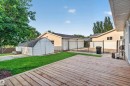 Expansive backyard featuring a natural wood deck, green lawn area, and a white storage shed - 33 Brookside Avenue, Spruce Grove, AB 