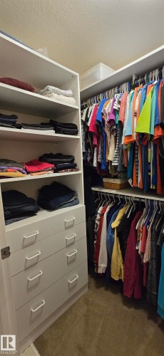 Walk-in closet featuring built-in shelving, multiple hanging rods, integrated drawer storage with white pulls, and neutral-toned carpeting - 4221 46 Street, Vegreville, AB 