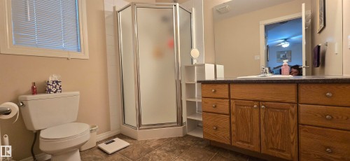 Bathroom featuring a corner shower with frosted glass enclosure, a single vanity with wood-finish cabinetry and a dark countertop, and a window with horizontal blinds - 4221 46 Street, Vegreville, AB 