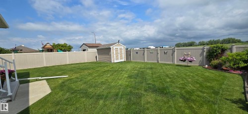 Expansive backyard featuring a well-maintained lawn, privacy fencing, and a built-in storage shed - 4221 46 Street, Vegreville, AB 