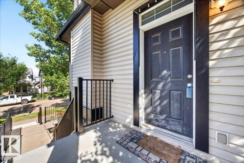 Entryway featuring a paneled black door with transom window, light-colored horizontal siding, and black metal railings - 20 4821 Terwillegar Common, Edmonton, AB 