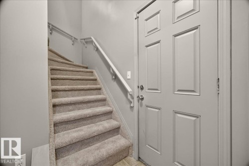 Carpeted staircase with white handrails and a paneled entry door - 20 4821 Terwillegar Common, Edmonton, AB 