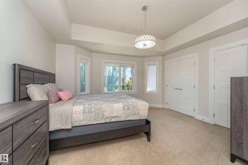 Bedroom featuring light neutral carpeting, a tray ceiling, and a contemporary pendant light fixture - 3503 Watson Point(E), Edmonton, AB 