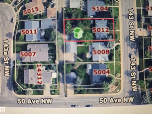 Property Overlay Map. Illustrating the location and boundaries of the property and surrounding addresses - 5012 143 Street, Edmonton, AB 