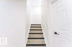 Staircase featuring light-toned treads with dark risers, white wall paneling, and a corresponding white handrail - 