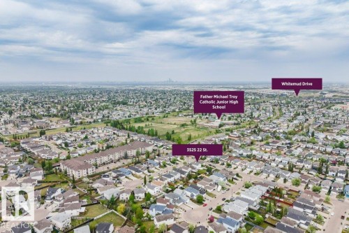 Aerial perspective showcasing a developed residential neighborhood with a variety of housing styles and ample green spaces - 3525 22 Street, Edmonton, AB - Outdoor With View