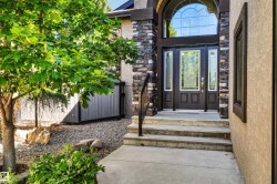 Grand entrance featuring a double door with decorative glass inserts, an arched transom window, and stone facade accents - 