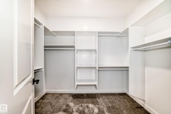Walk-in closet featuring built-in shelving, multiple hanging rods, white trim, and dark textured carpeting - 
