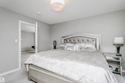 Carpeted bedroom featuring light gray wall paint and a flush-mount ceiling light - 7322 Chivers Crescent, Edmonton, AB 