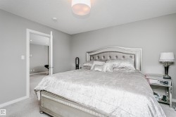 Carpeted bedroom featuring light gray wall paint and a flush-mount ceiling light - 