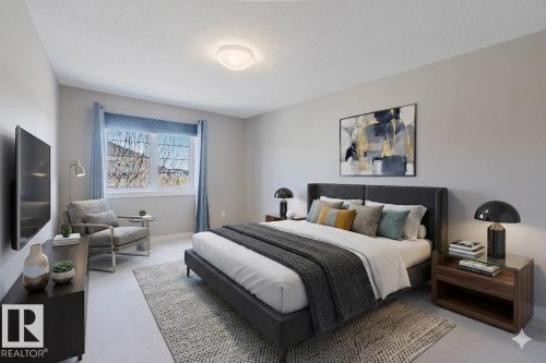 Bedroom featuring neutral wall colors, light-toned carpeting, and a large window with blue curtains - 2472 Glenridding Boulevard, Edmonton, AB 