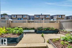 Backyard space featuring multiple raised garden beds, concrete patio, and a light-toned privacy fence with a gated entry - 