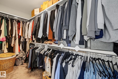 Walk-in closet featuring extensive built-in shelving, multiple hanging rods, and plush carpet flooring - 3313 Kulay Way, Edmonton, AB 