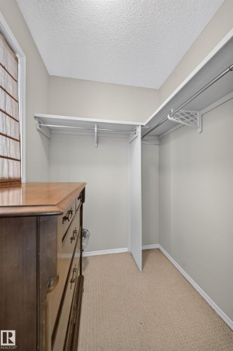 Walk-in closet featuring built-in shelving, hanging rods, and neutral carpet flooring - 59 2503 24 Street, Edmonton, AB 