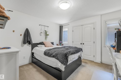 Carpeted room featuring a double-door closet with arch-top panels and dark hardware, two windows providing natural light, and a flush-mount ceiling light fixture - 1231 Tredger Crest, Edmonton, AB 