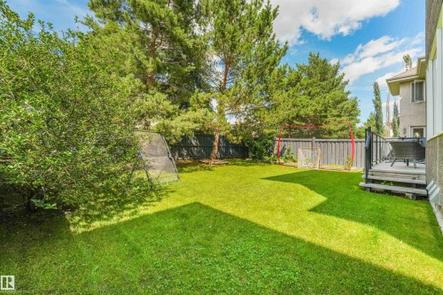 Expansive green lawn surrounded by mature trees, privacy fencing, and a wooden deck - 1231 Tredger Crest, Edmonton, AB 