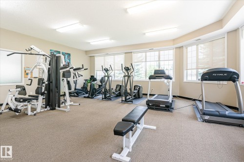 Dedicated fitness area featuring multiple exercise machines including treadmills, ellipticals, and a multi-station weight system - #310 237 Youville Dr E Nw, Edmonton, AB - Indoor Photo Showing Gym Room