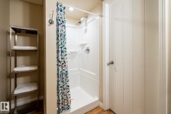 White fiberglass shower stall in the basement bathroom with integrated shelving, chrome fixtures, and recessed lighting - 