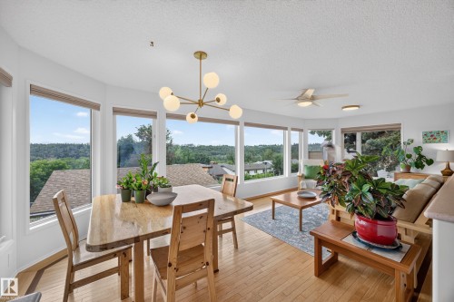 Dining area and living space featuring continuous hardwood flooring - 3411 103 Avenue, Edmonton, AB 