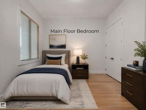 Main Floor Bedroom featuring light wood-finish flooring, white walls, and a window with a roller shade - 320 38 Street, Edmonton, AB 