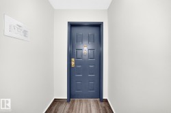 Paneled door with brass hardware and wood-finish flooring - 
