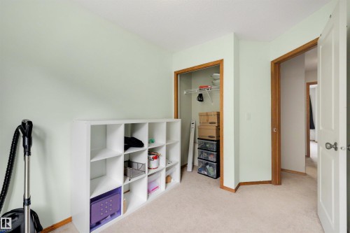 Light green walls with wood-finish trim, a carpeted floor, and a closet with shelving - #28 290 Spruce Ridge Rd, Spruce Grove, AB - Indoor