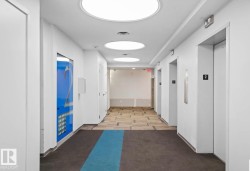 Hallway with contemporary circular ceiling lighting and multiple elevator access points - 