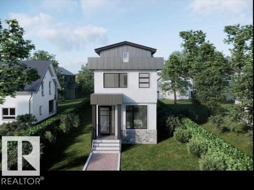 Contemporary facade featuring a mix of white stucco and stone accents, dark grey vertical siding, and a prominent front entry with dark framed windows - 7956 80 Ave Nw, Edmonton, AB 