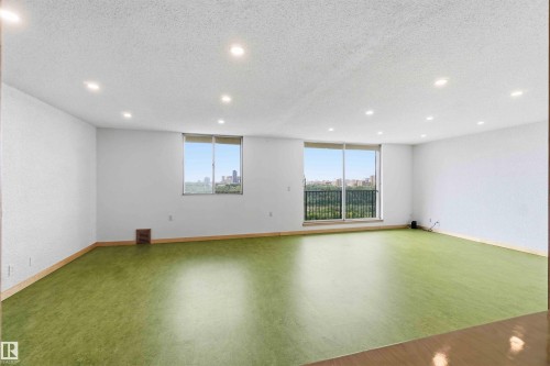 Spacious interior room featuring light-colored walls and green floor covering - 1008 11307 99 Avenue, Edmonton, AB 