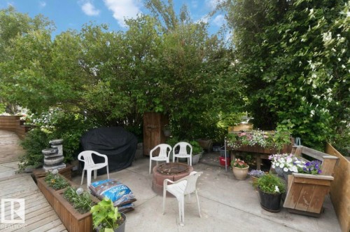 Paved patio area surrounded by mature trees and lush greenery - 4007 45 Street, Stony Plain, AB 