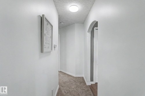 Hallway featuring light gray walls, textured ceiling, a circular flush-mount light fixture, and plush carpet flooring - 1619 Welbourn Cove, Edmonton, AB 