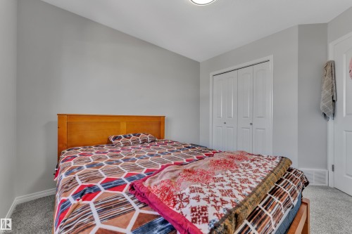 Bedroom featuring light gray walls, plush gray carpeting, white trim, and a double-door closet with bi-fold doors - 2246 54 Street, Edmonton, AB 