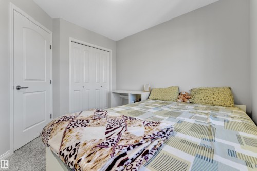 Bedroom featuring light gray walls, textured carpet flooring, and a white interior door with brushed nickel hardware - 2246 54 Street, Edmonton, AB 