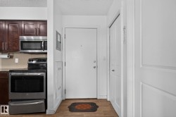 Entryway featuring wood-finish flooring, a white paneled door, and a utility closet - 