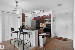 Kitchen featuring dark wood cabinetry, stainless steel appliances, and a black countertop - 