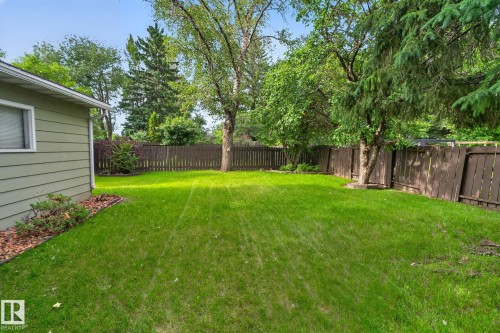 Expansive lawn area surrounded by a privacy fence and mature trees - 4712 131 Avenue Nw, Edmonton, AB 