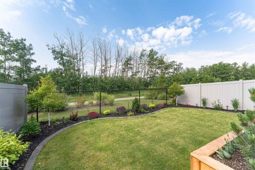 Expansive backyard featuring a manicured lawn, established garden beds with diverse plantings, a black chain-link fence, and a white privacy fence - 102 Horton Way, Ardrossan, AB 