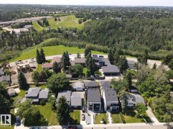 Aerial perspective showcasing a residential area with varied architectural styles, surrounded by abundant mature trees and expansive green spaces - 