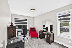 Light-filled room featuring neutral wall tones, plush gray carpeting, two windows with horizontal blinds, and a ceiling-mounted light fixture - 
