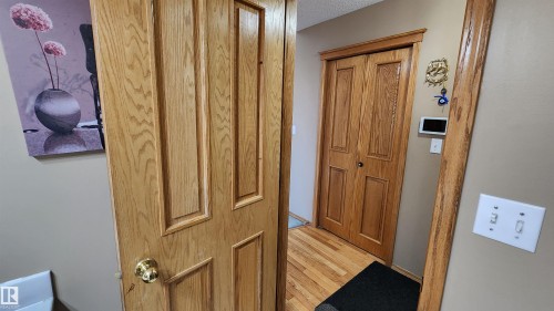 Wood-finish paneled doors with gold-tone hardware - 2708 44A Avenue, Edmonton, AB 