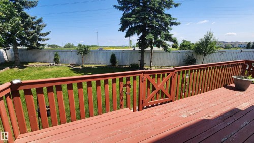 Expansive wood deck featuring a protective railing and integrated gate, overlooking a fenced backyard with mature trees and a manicured lawn - 2708 44A Avenue, Edmonton, AB 