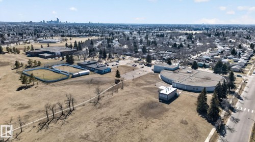 Aerial perspective showcasing a residential area with varied housing styles - 5612 Mcleod Road, Edmonton, AB 